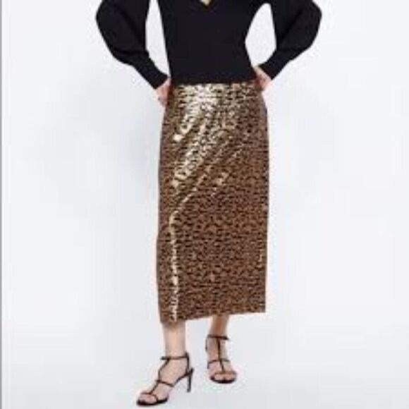 Zara Sequin Animal Print Midi Skirt Pull on Small - Picture 7 of 7